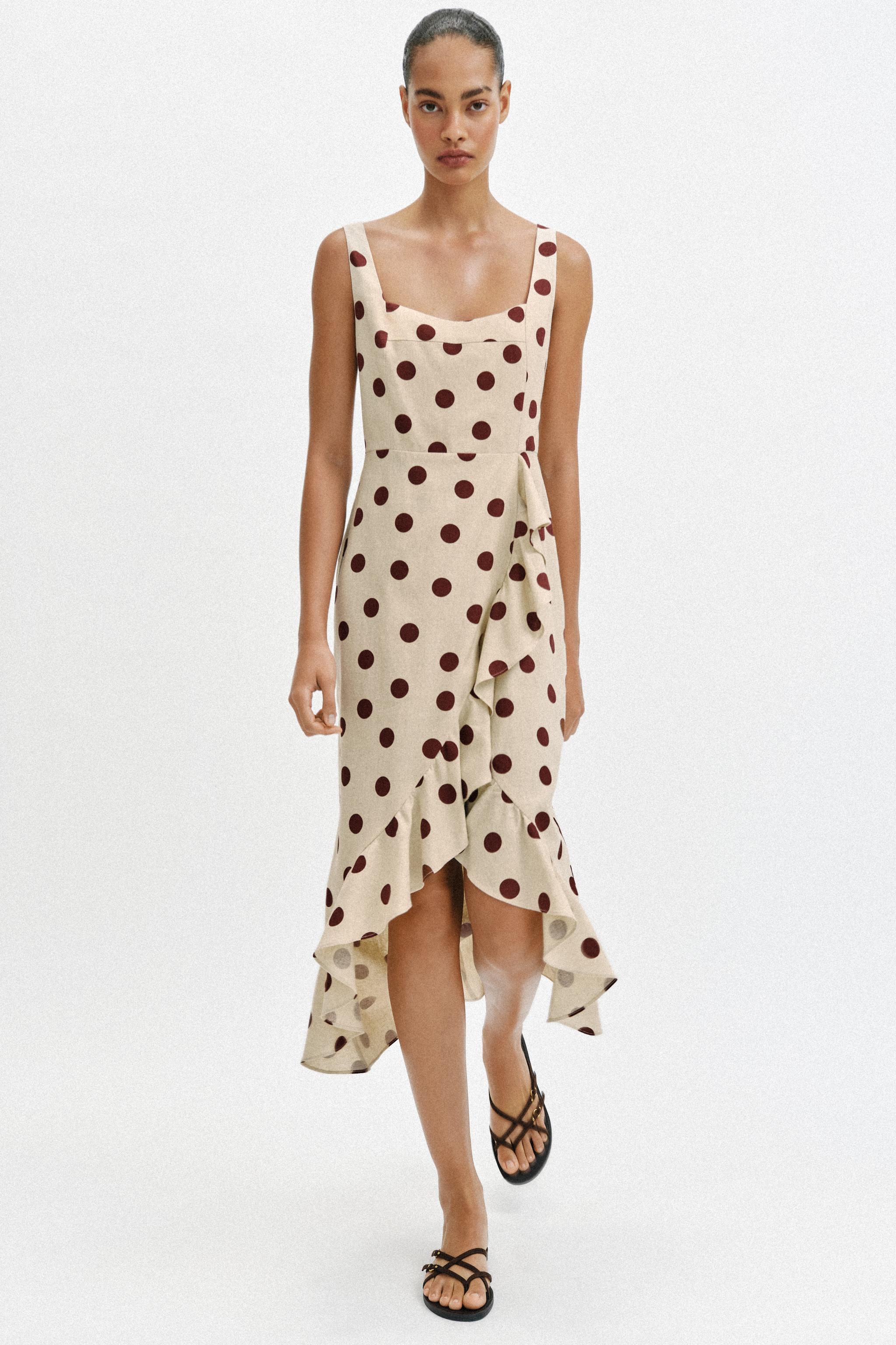 LINEN BLEND POLKA DOT MIDI DRESS